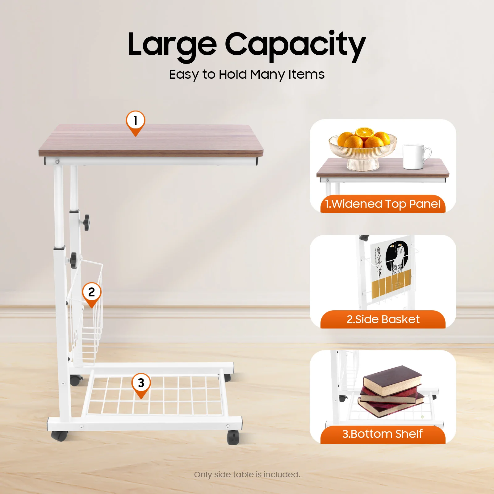 

Height Adjustable C Shaped End Table Mobile Sofa Side Table, with Side Basket and Bottom Shelf, Notebook Tablet Snack Table