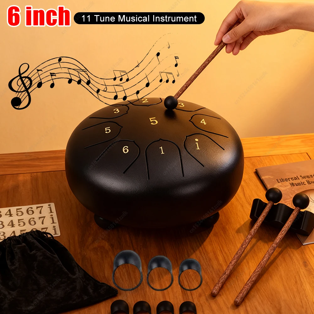 

6-дюймовый 11 нот, мини-барабан, палочки для пальцев, ударные инструменты, звуковое исцеление, стальной барабан для языка для медитации, йоги