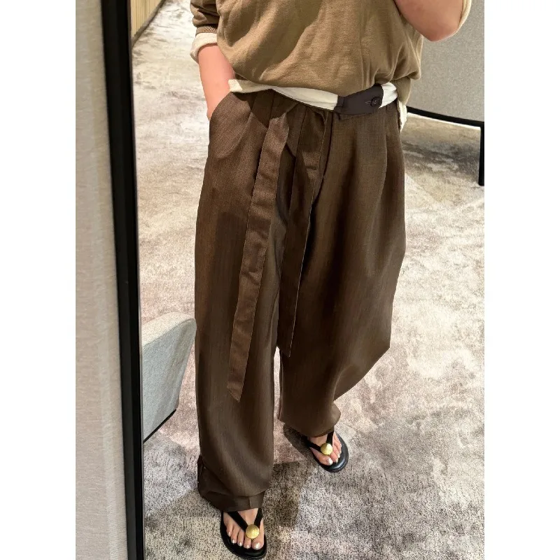 

Fall and Winter Wool Blend Classic Basics Wide Leg Belted Casual Women Suit Pants for Women