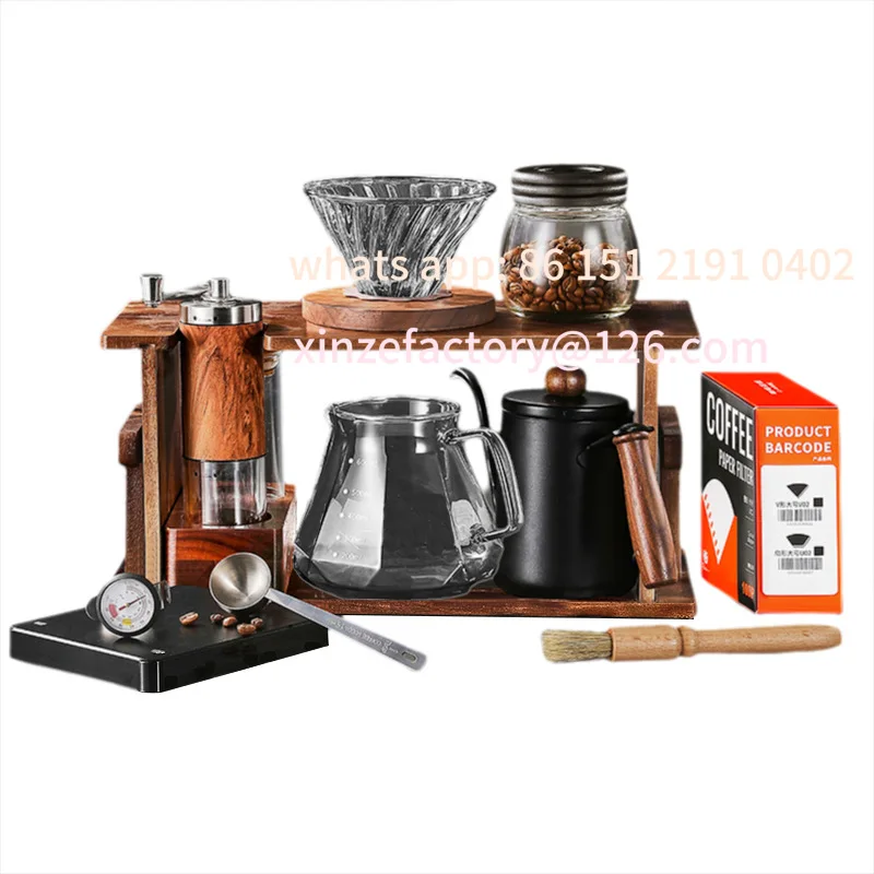 

Customizable Hand Coffee Pot Set Premium Wood Stand Household Coffee Appliances Full Set Hand Grinder
