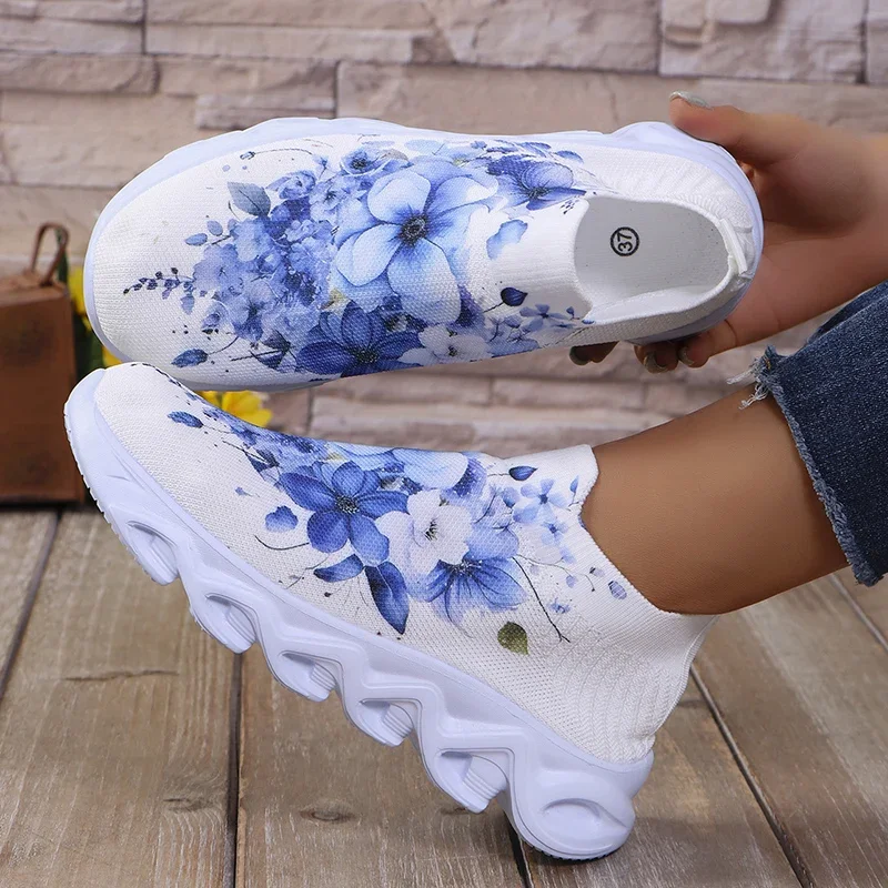 Fashion Printed Women's Running Sneakers Plus Size Knitted Breathable Mesh Casual