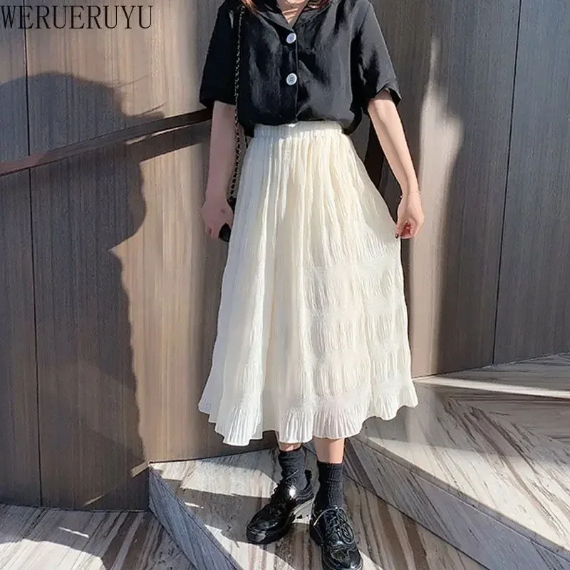 

WERUERUYU Black Long Skirt Women Stretch High Waist Solid Chiffon A-Line Skirt Casual Pleated midi Skirt Faldas Saias