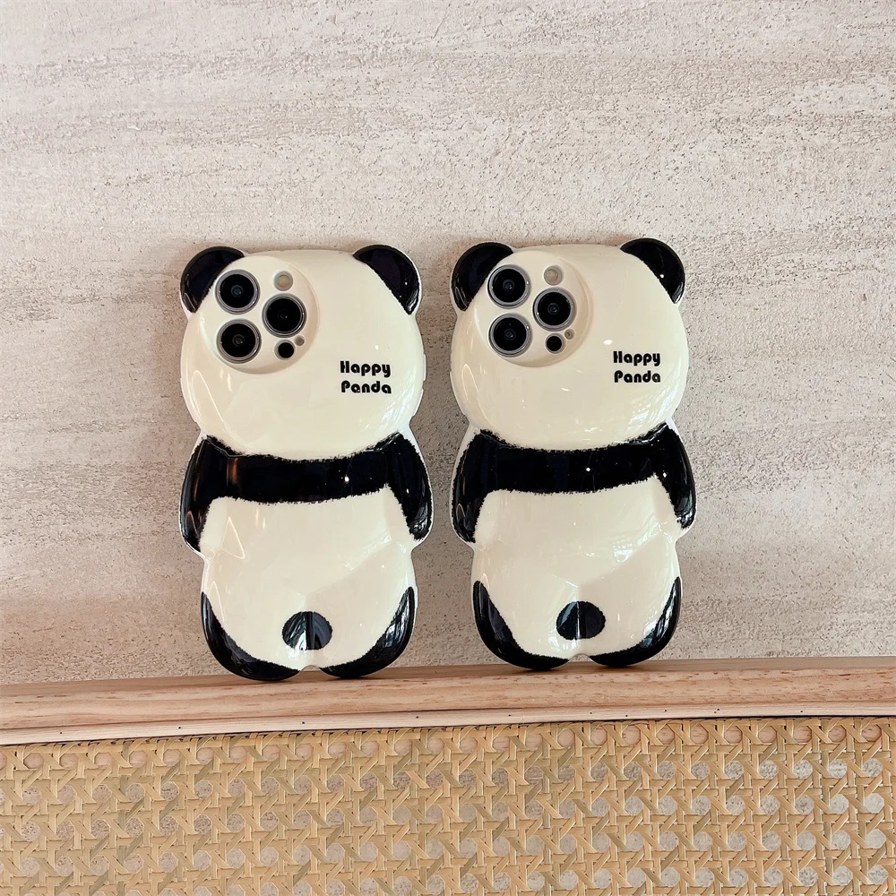 Cartoon 3D Panda Silicone Phone Case for iPhone 15 14 ProMax 11 12 13 Pro Max XR X Xs Max Lens Protection Plating Bumper Cover