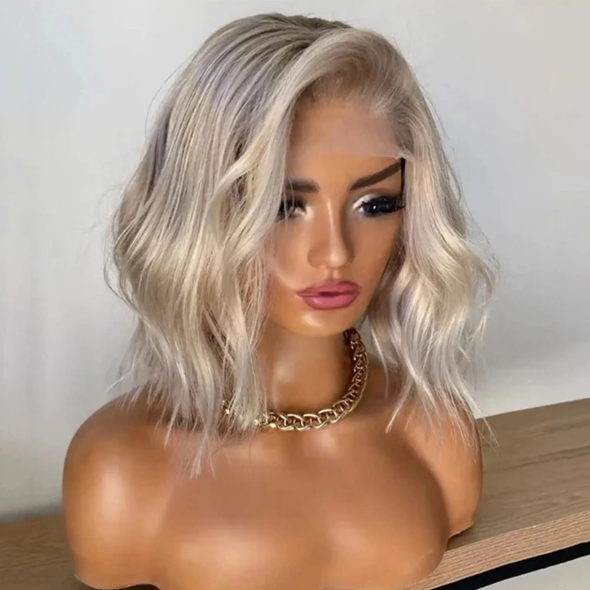 Ombre Icy Platinum Blonde Synthetic Lace Top Wigs With Dark Roots Body Wave Natural Hairline Shoulder 13*4 High Definition Wig
