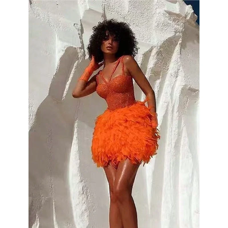 

Cross-Border Orange Sequined Gorgeous Feather Sexy Low-Cut Sling Dress High-End Birthday Party Banquet Dress