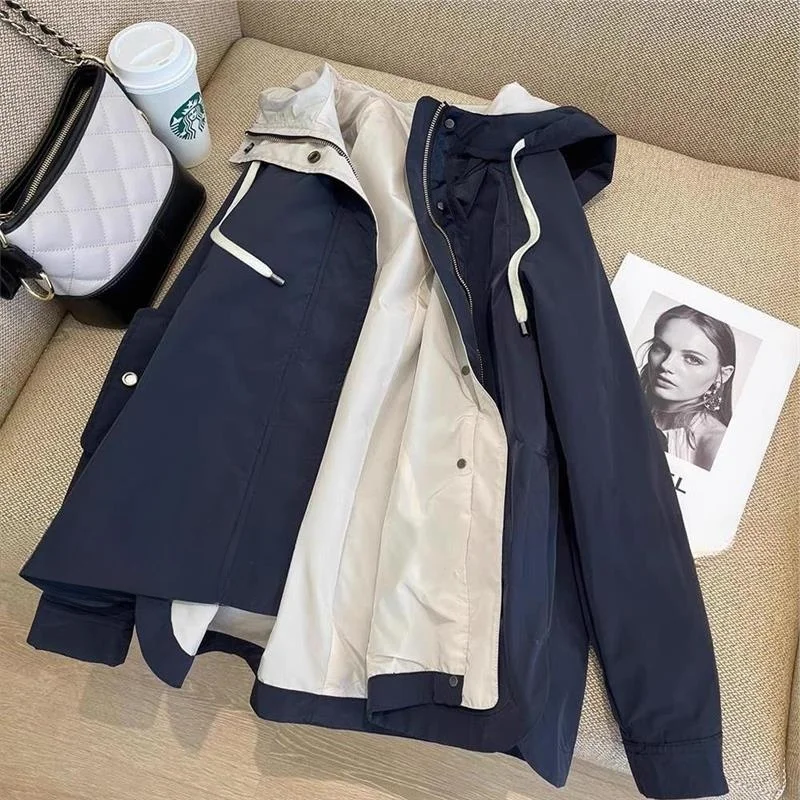 

Women's ort Hooded Jaet Windbreaker Coat Straight Cut Long Sve Zipper Closure Color Commute Sle Faion Silk
