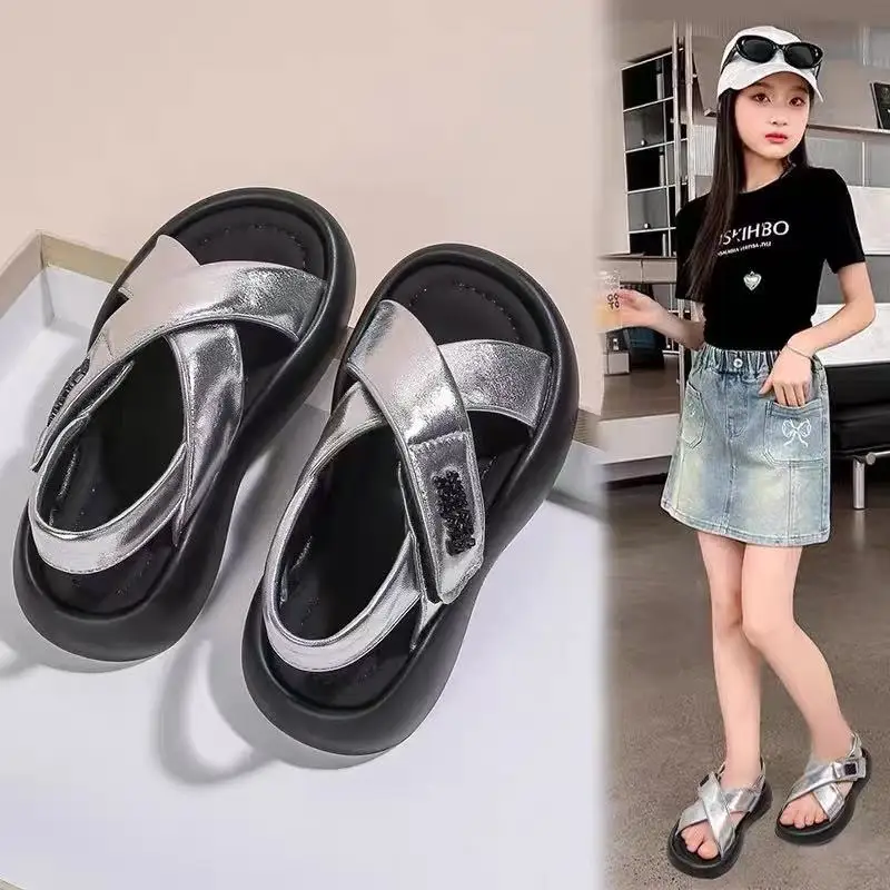 Kids Silver Cross Strap Slide Sandals, Embroidery Letter Decor Adjustable Back Strap Thick Soft Sole Summer Beach Slippers