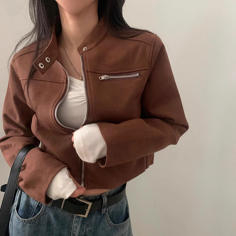 Chic Herbst Neue Sle frauen Biker Jaet Lange Sve Stehkragen Wildleder Leder Mantel Faionable Oberbekleidung Pendeln Sle