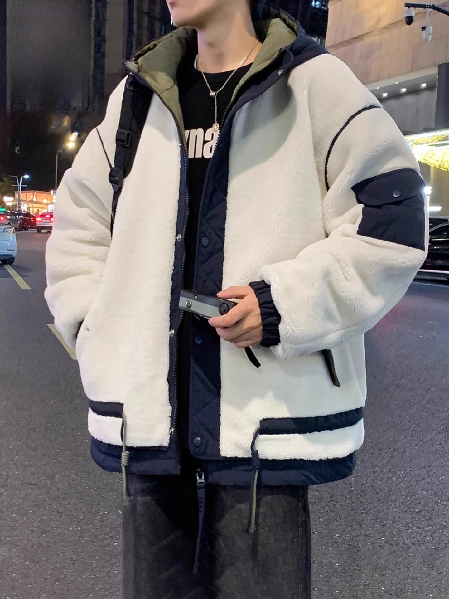 

Men's Thiened Fce Lined Cotton Jaet Lamb Fur Hooded Coat Youth Trendy Casual Warm Long Sve Zipper Closure Color