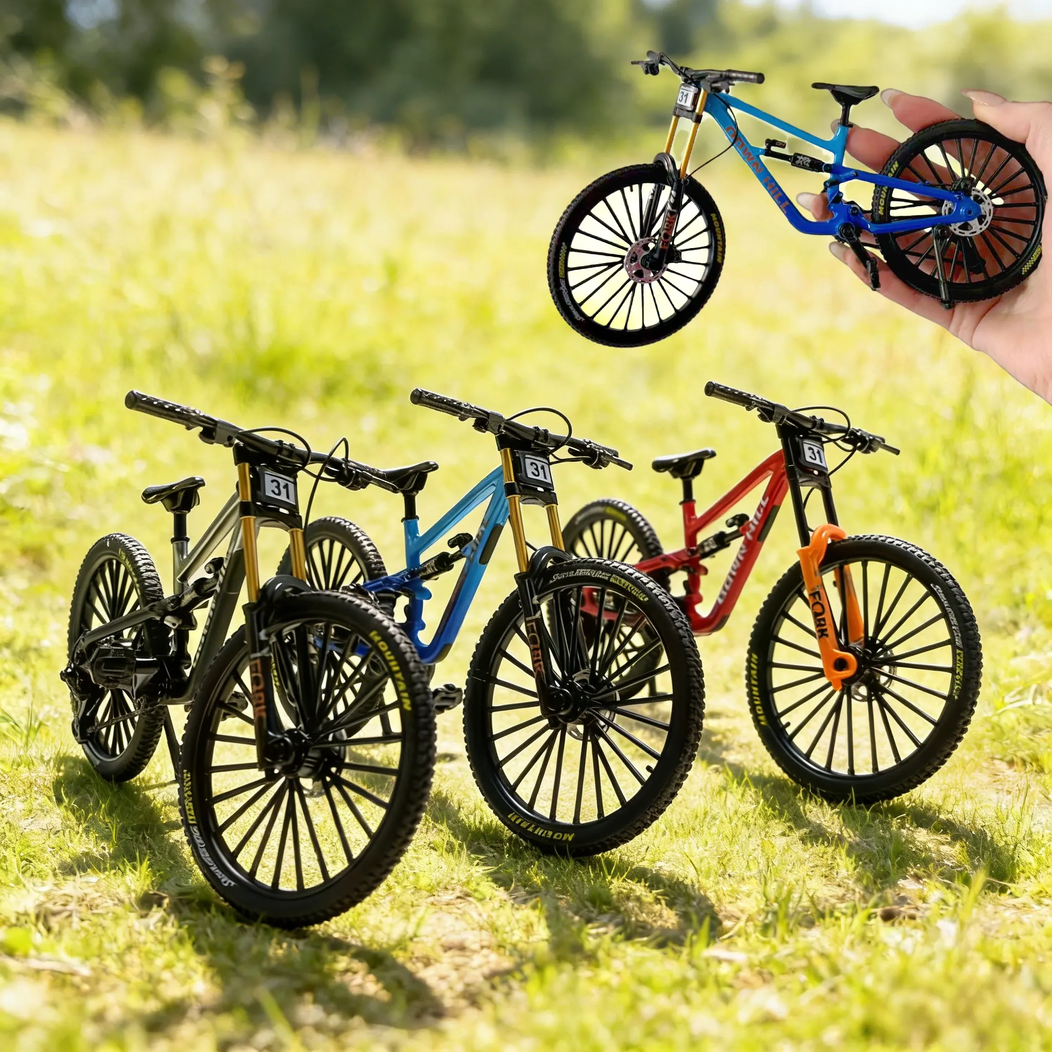 Bicicleta de Montaña de Juguete V10 con Doble Amortiguador de Simulación, Aleación, Cola Blanda, Modelo Coleccionable a Escala