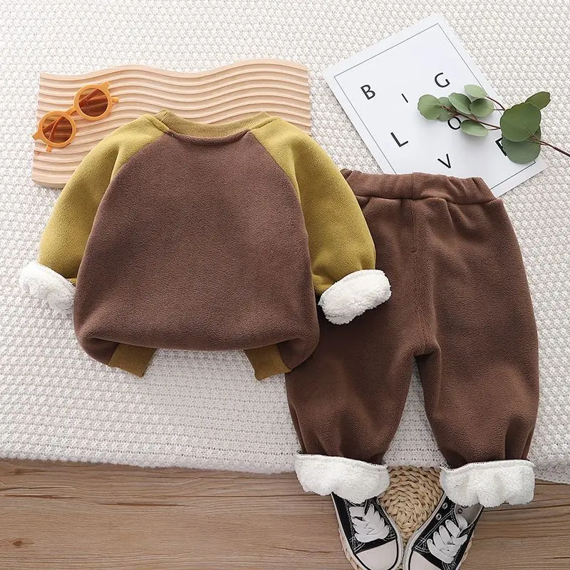 Baby Lambwool Thickened Sets Children Plus Velvet Winter Suits Boys Girls Sweatshirts+Pants 2Pcs Outfits Kids Warm Clothing 1-5Y