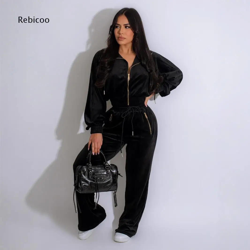 Casual Sporty Velvet Outfit Set For Women Zip Up Long Sleeve Top And Drawstring Waist Wide Leg Pants With Zipper Pockets