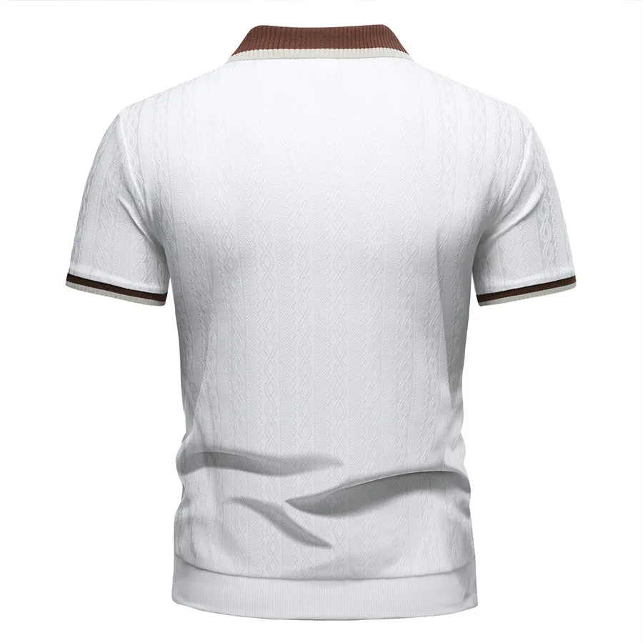 New Summer Men's Zipper Design Short Sleeve Polo Shirts Breathable Casual Slim Fit Contrast Lapel Collar Streetwear Basic Tops
