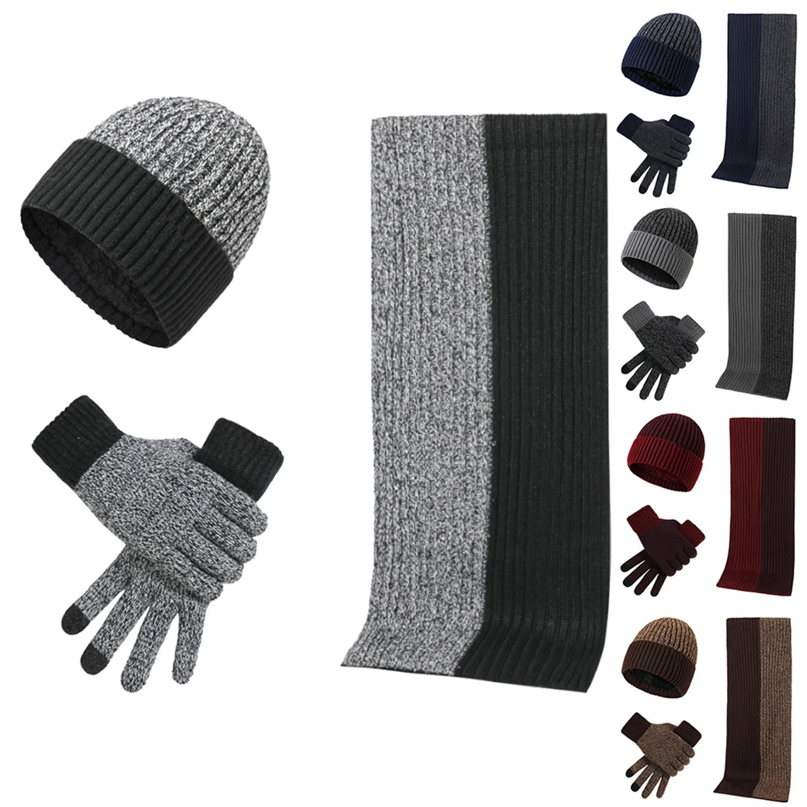 Outono inverno masculino manter quente conjunto unisex gorro luvas cachecol masculino fio de lã malha silenciador primavera outono contraste cor chapéu