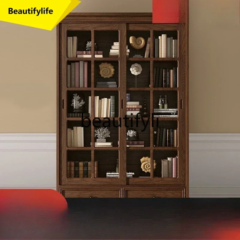 

Q181 American sliding door bookcase floor sliding door with glass door ash wood retro storage locker
