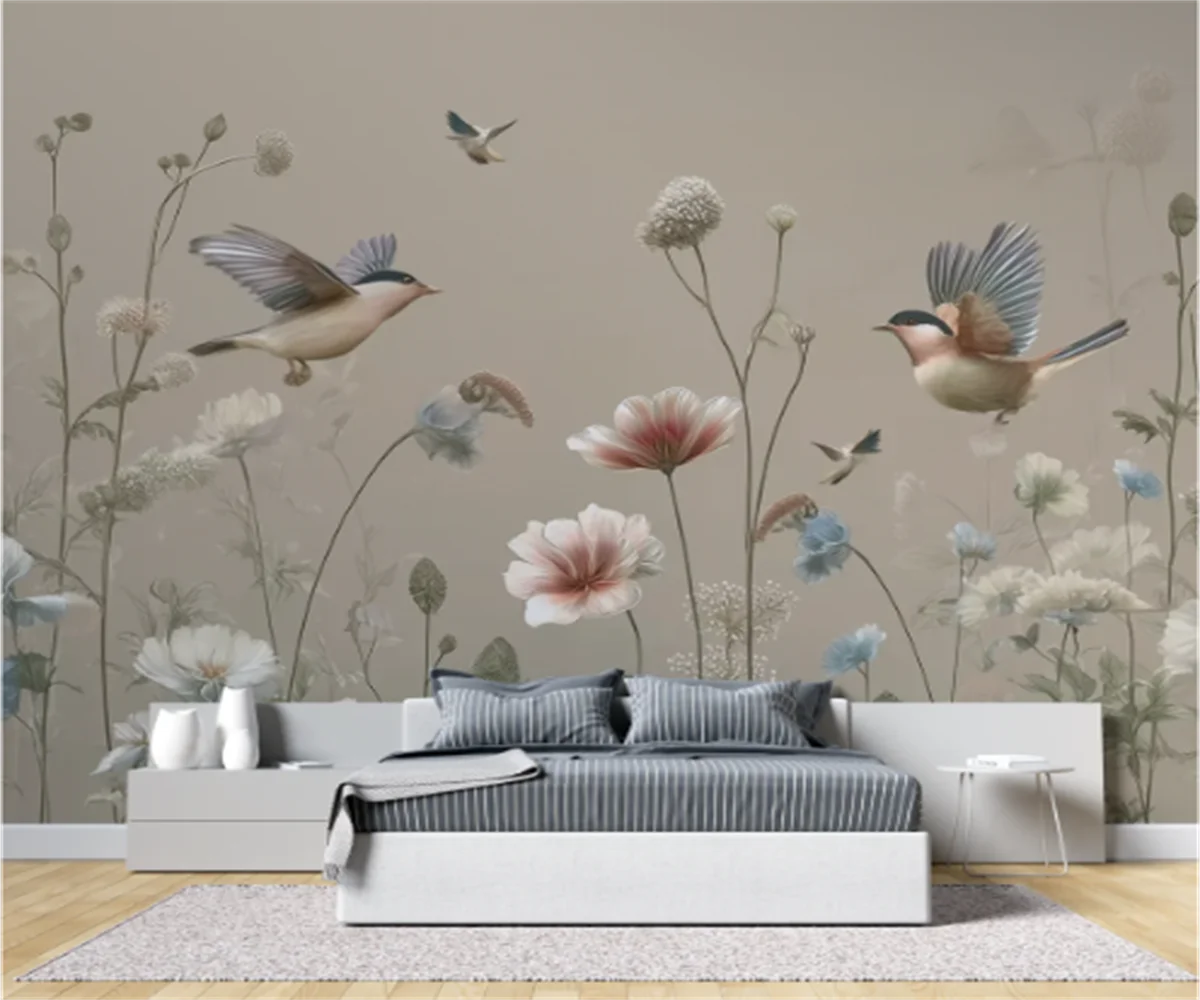 Customized Size Wallpaper Nordic Leaf Tropical Rainforest Plants Retro birds and flowers Decorative art Painting murals