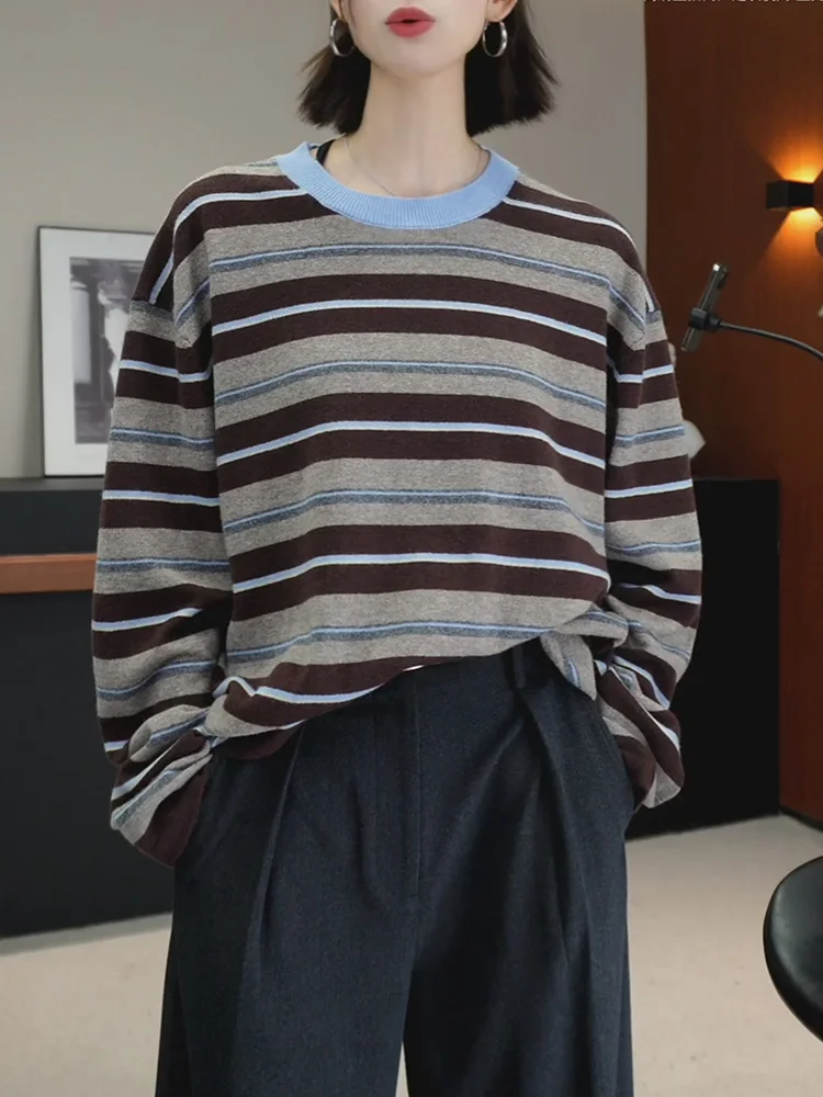 

Повседневная полосатая футболка Lazy Sle с длинным рукавом и цветовыми блоками, больших размеров, модный универсальный топ для женщин, осень 2025