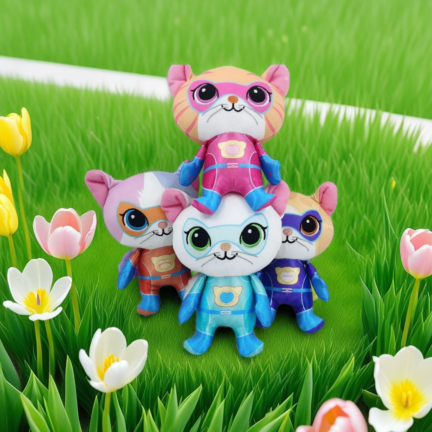 4pcs Super Kitties Team Anime Plush Toys Crystal Super Soft Plush Toy Doll Blue Kitten Green Kitten Yellow Kitten Doll Kids Toy