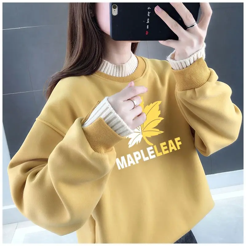 Autumn and Winter Women\'s Patchwork Fake Two Pieces Half High Collar Long Sleeve Printed Pullovers Fashion Casual Korean Tops