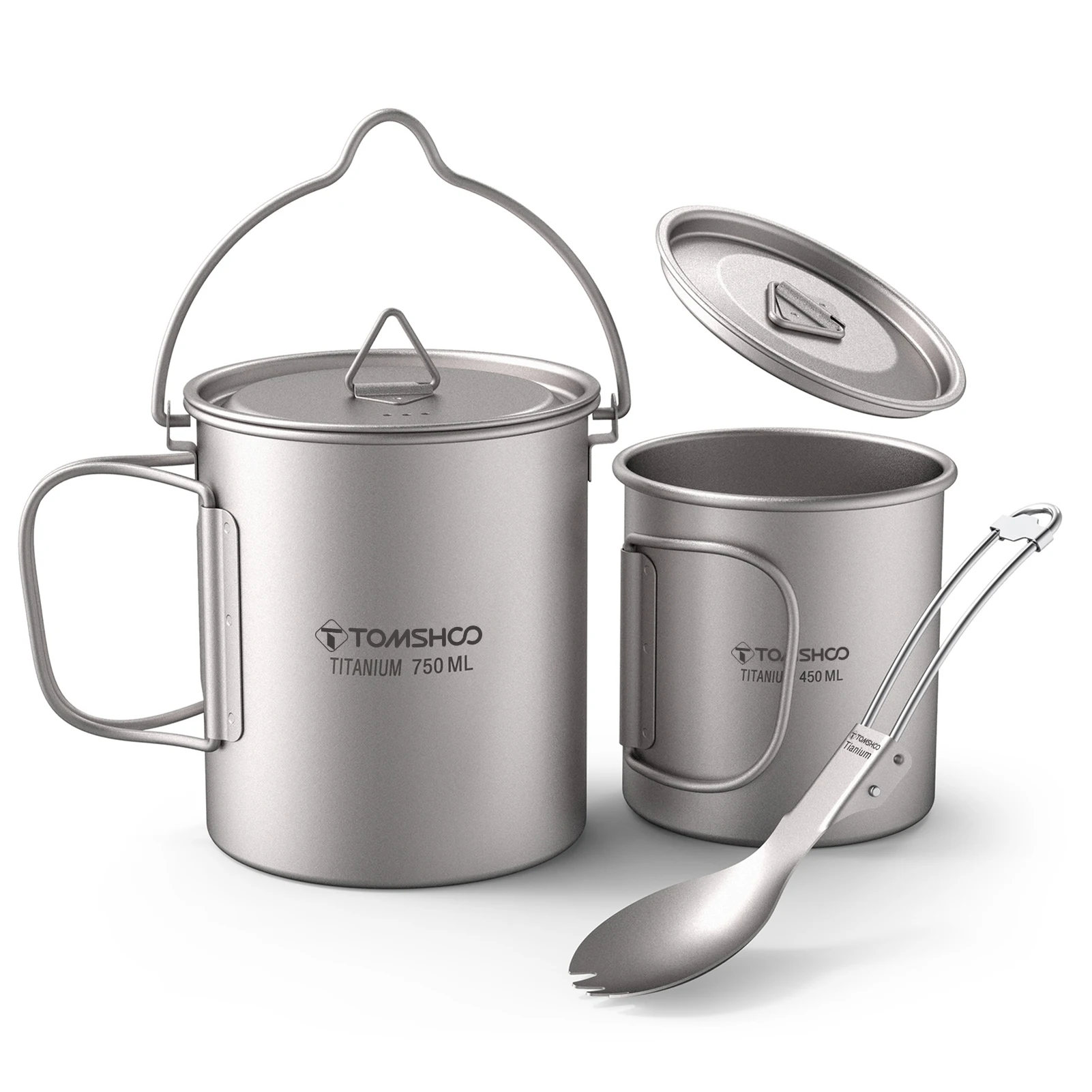 

TOMSHOO Lightweight Titanium 3 Pieces Set Titanium 750ml Pot 450ml Water Cup Mug with Lid Collapsible Handle Folding Spork