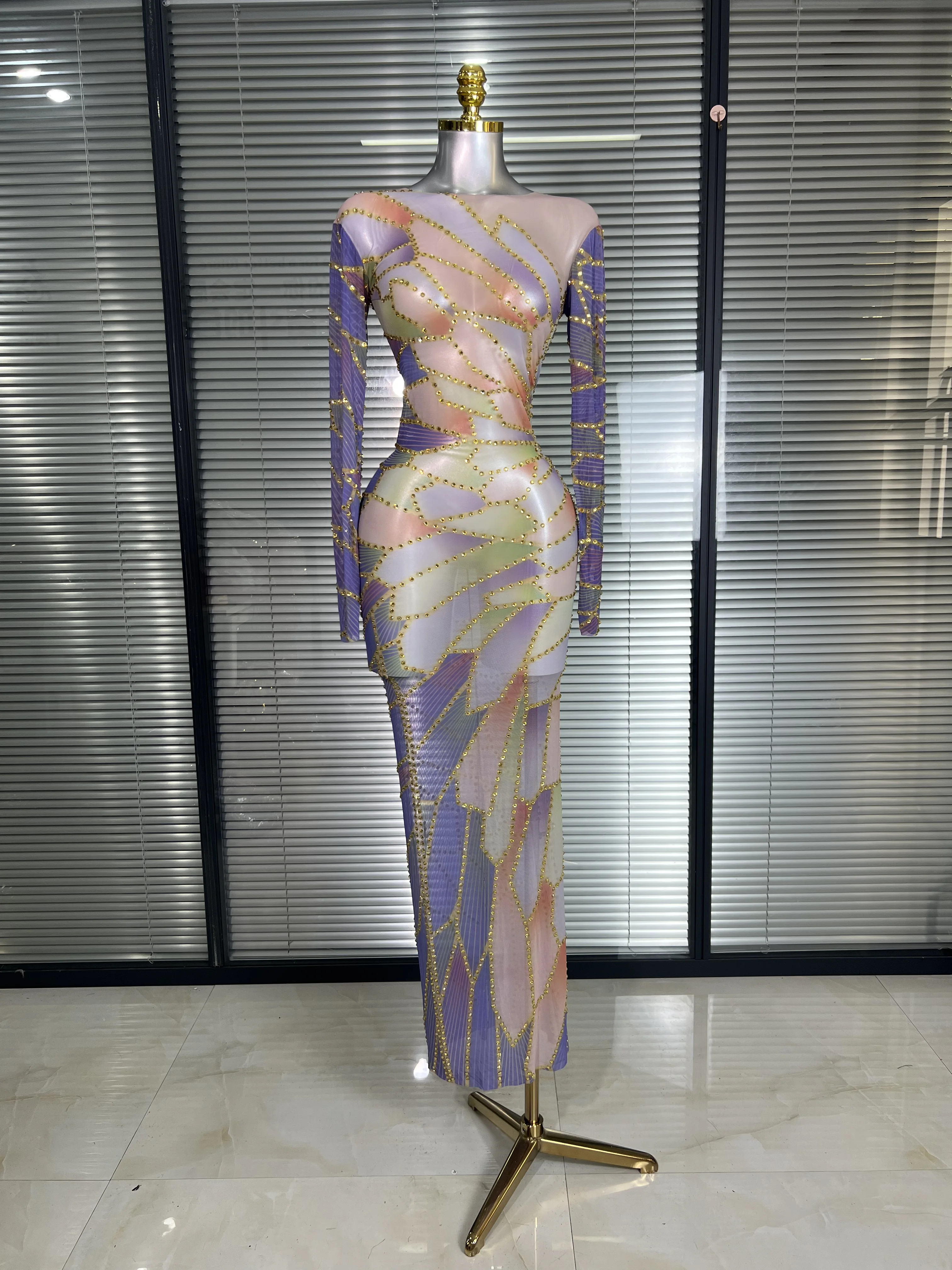 

INS New Women Sexy See Through Crystal Diamonds Rhinestones Long Dress Stretchy Party Bar Singer Stage Performance Costume