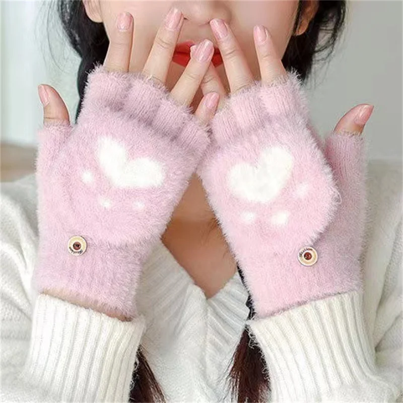 Cute Cat Claws Bear Paw Women Girls Lovely Warm Fingerless Gloves Winterproof Thicken Fluffy Half Finger Mittens Christmas Gift