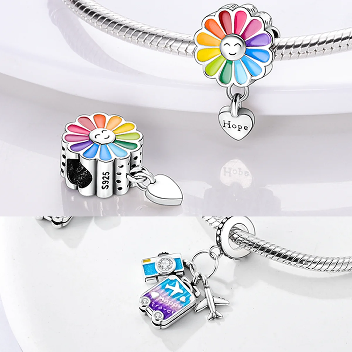 

925 Sterling Silver Colorful Sunflower Charms Bead Camera Luggage Airplane Dangle Fit Original Bracelet DIY Women Jewelry