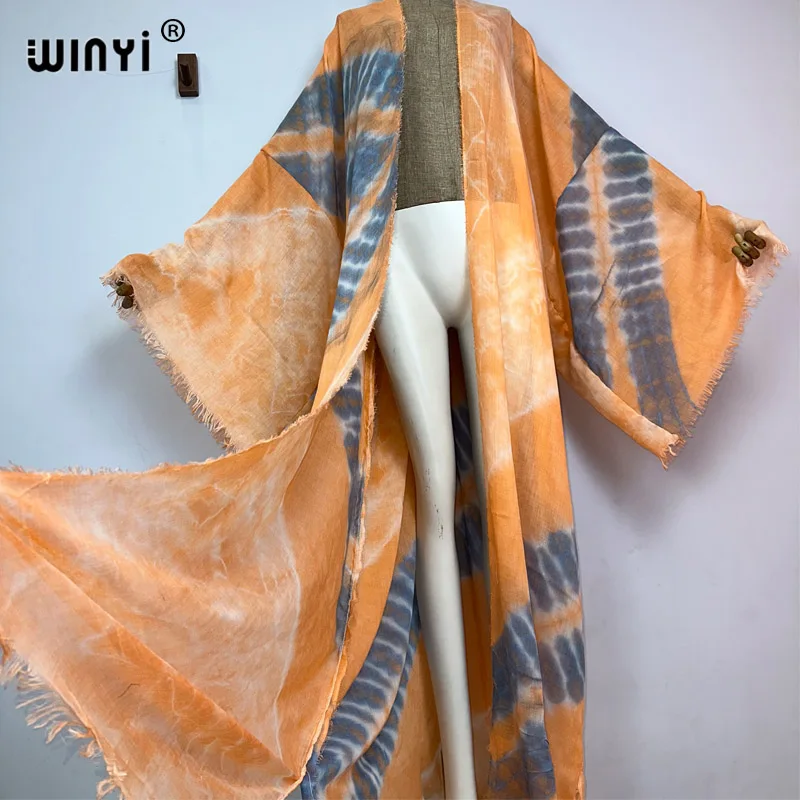 WINYI new Women Tie-dye print Elegant Casual dress African Cardigans Outerwear For Women Summer Sexy cotton feeling loose Kimono