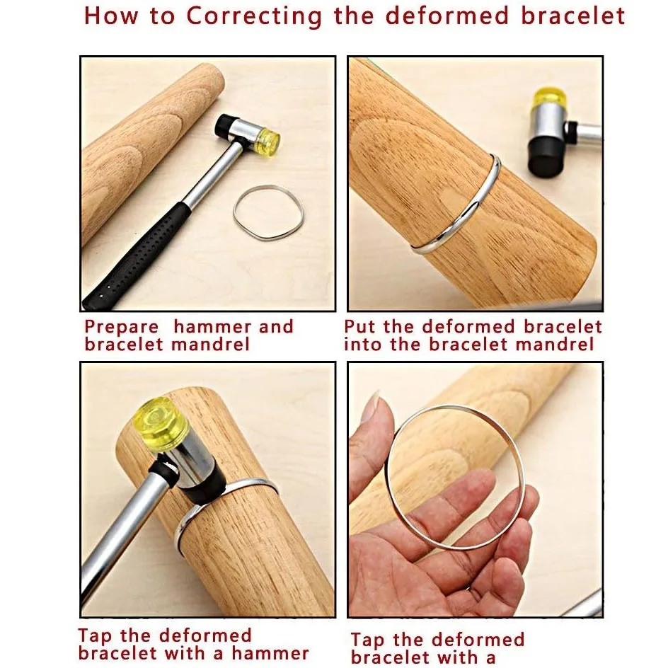 Wooden Bracelet Mandrel and Rubber Mallet Plastic Wrist Sizer Kit Jewelry Bangle Shaper Repair Tool for Wrist Sizing
