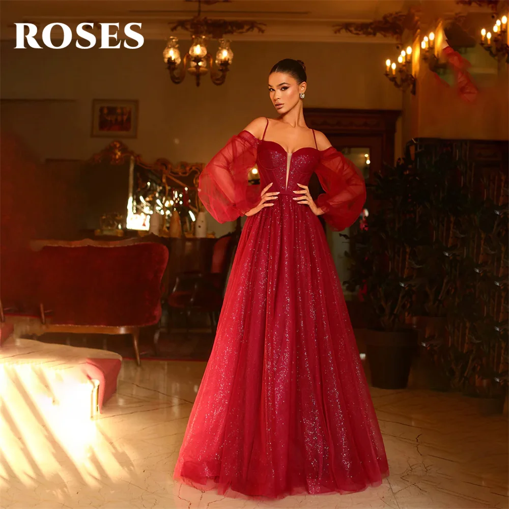 ROSES Glitter Red Prom Dresses Off the Shoulder Full Sleeves Evening Dress Side Split 프롬드레스 Spaghetti Strap Wedding Darty Dress