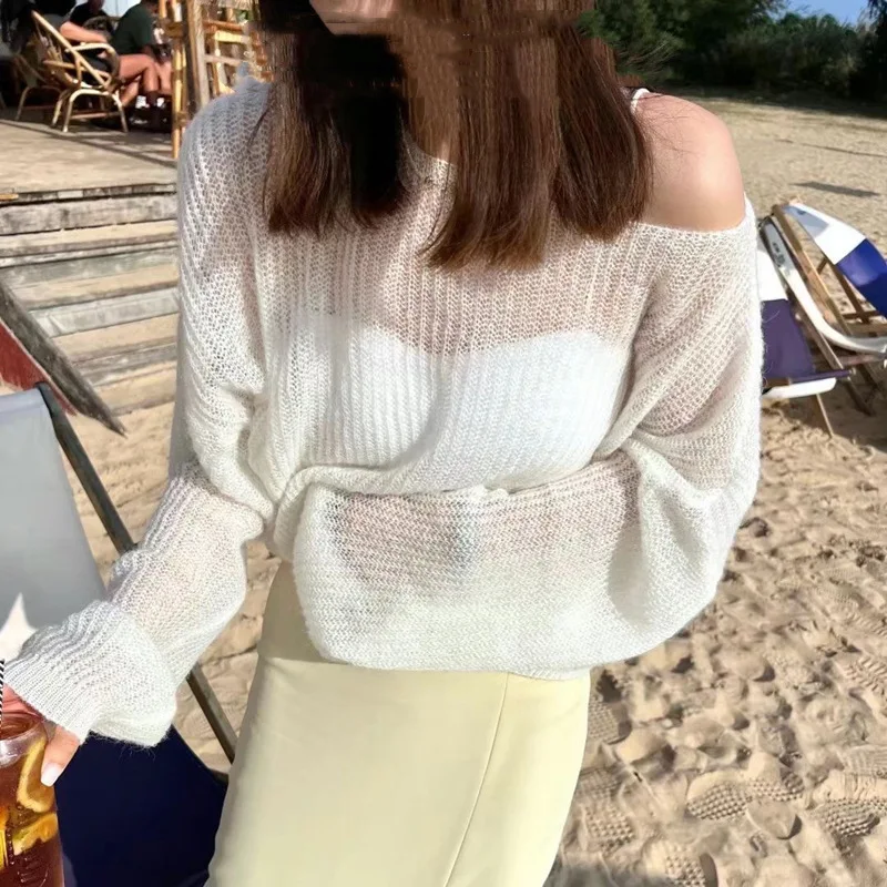 

Minimally Hollowed O Neck Solid Color Thin Perspective Women's Knitted Top Spring Autumn Off Shoulder Loose Versatile Pullover