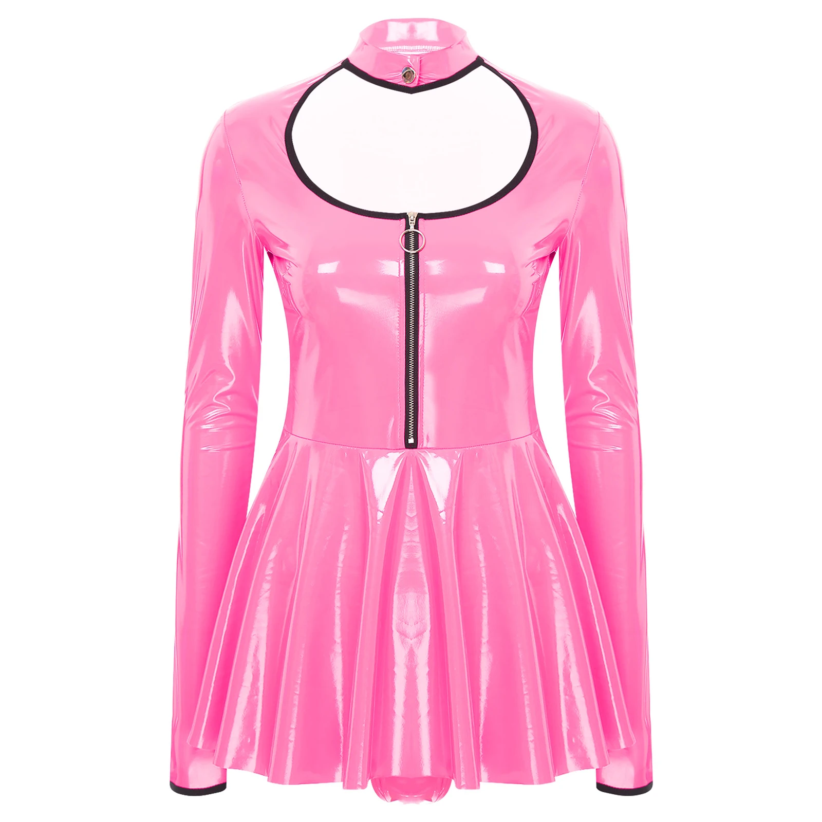 Women Wet Look Patent Leather Slim Fit Dress Mock Neck Long Sleeve Cocktail Party Leotard Dress Glossy Metallic Lingerie Costume