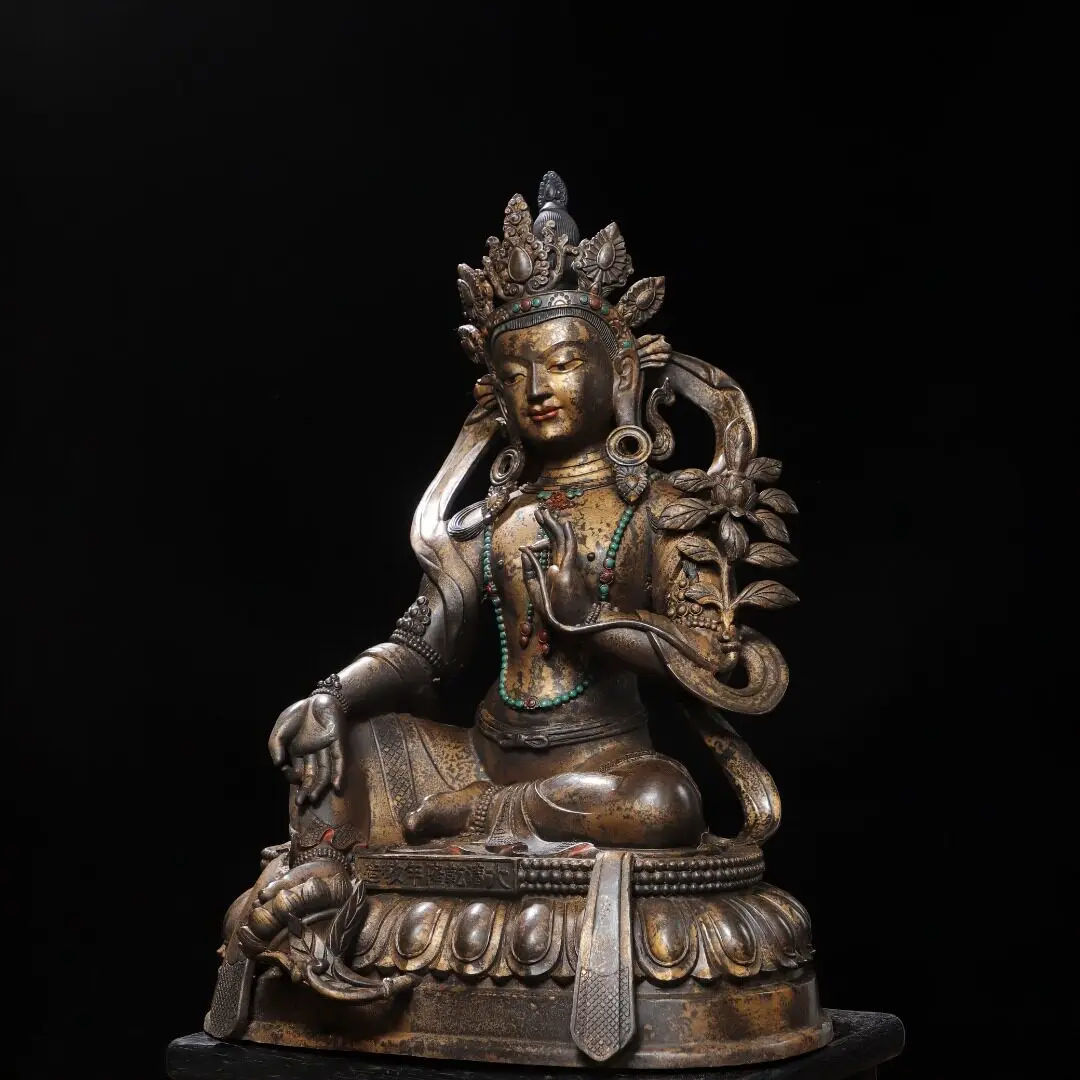 Green Tara Buddha Statue Pure Copper Antique Gold Gilded – Desktop Shrine Meditation Decor