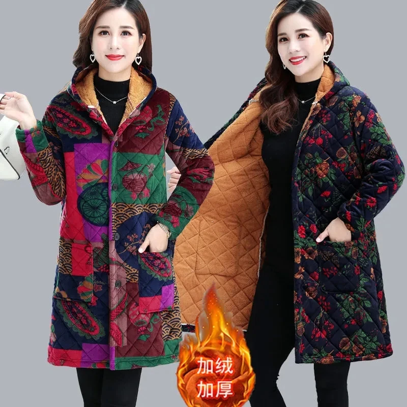 

2024 Middle-aged Elderly Winter Three-layer Velvet Cotton Adult Overalls Female Mothers Loose Korean Mid-length Coats A665