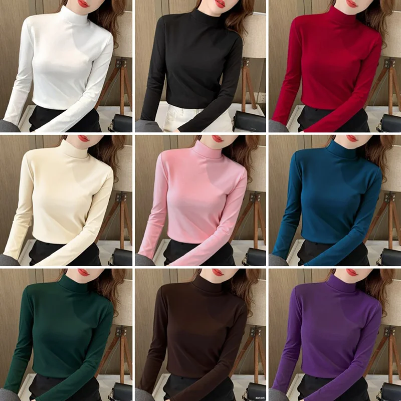 

Women Classic Slim Fit Daily Tops Girls Thermal Solid Underwear Thin Clothes Female Korean Casual Long Sleeve Pullovers