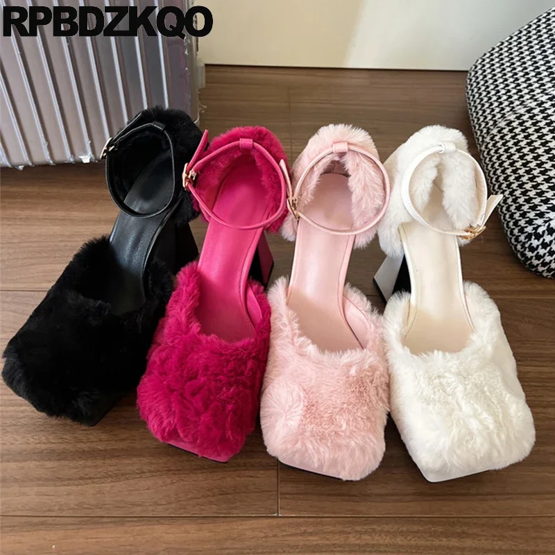 Ankle Strap Shoes Fur Plush Fluffy Square Toe Extreme High Fuzzy Block Pumps Sandals Platform Fetish Women Peach Heels Stripper