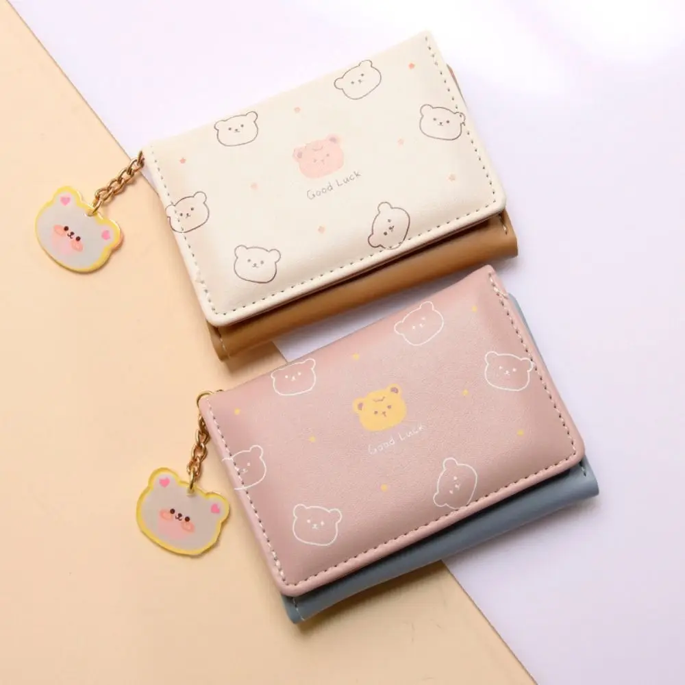 Portable Cartoon Three-fold Wallet Solid Color Pendant Short Wallet Card Holder PU Leather Bear Coin Purse Travel