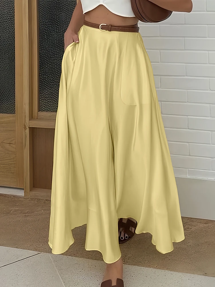 

Oniflyme Yellow Satin Maxi Skirt Women Fashion Pockets High Waist Loose Casual Outfit Streetwear Sexy A-Line Pleated Skirts