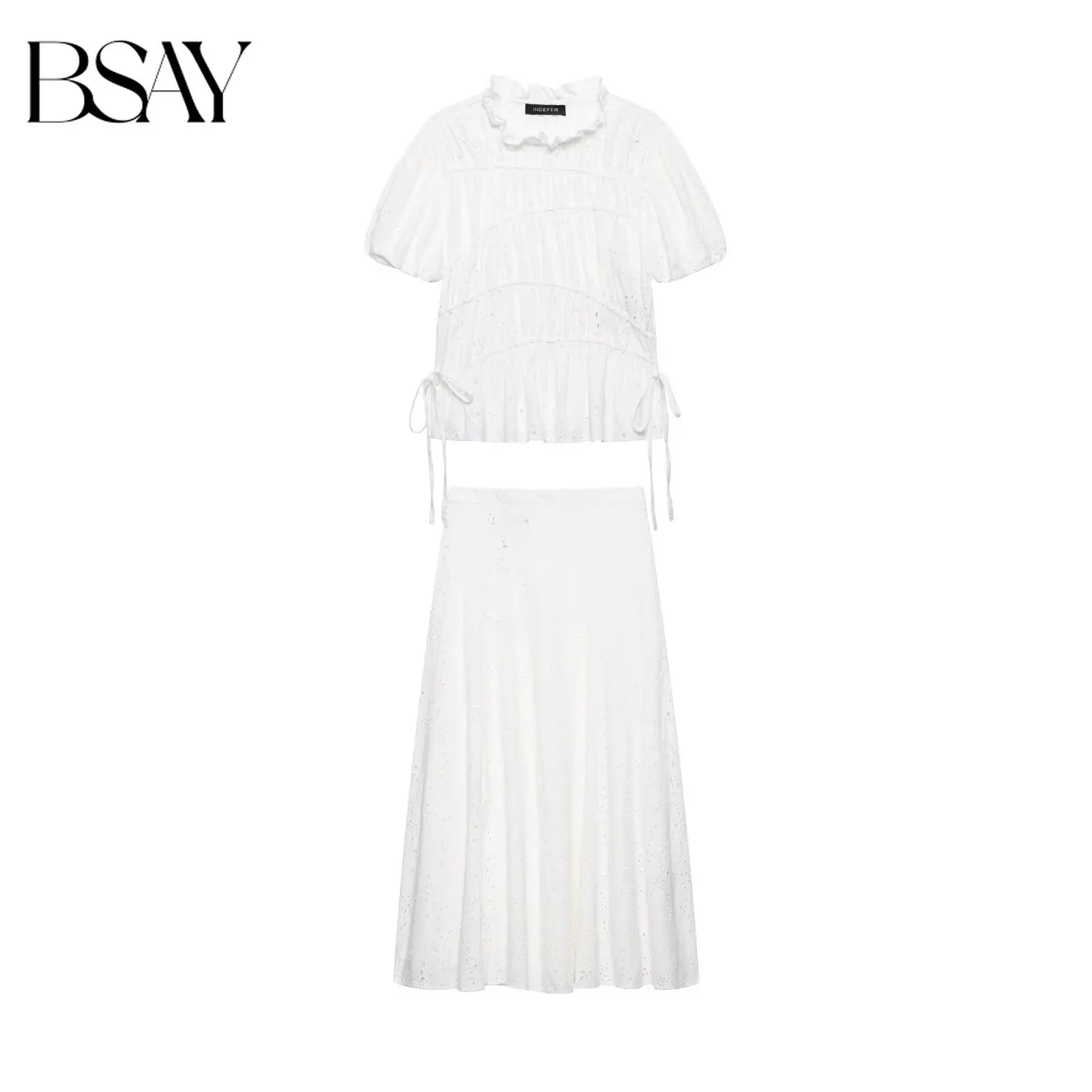 

BSAY Women Eyelet Embroidery Ruffle Neck Short Sleeve Drawstring Crop Top Flared Midi Skirt Set Summer Casual Two Piece Dress