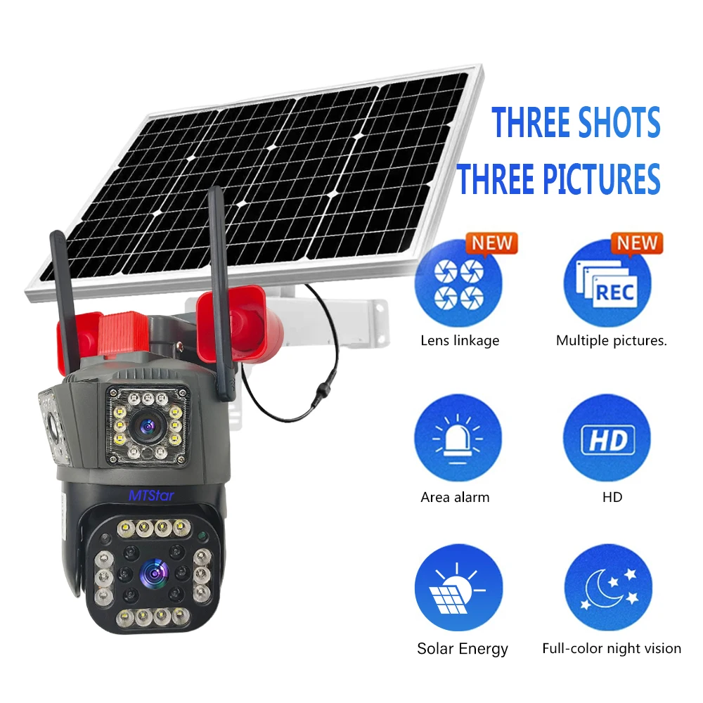 MTStar 6MP HD Triple Lens INTELLIGENT HUMANOID TRACKING AUTOMATIC Security WiFi PTZ Surveillance Outdoor Waterproof Solar Camera