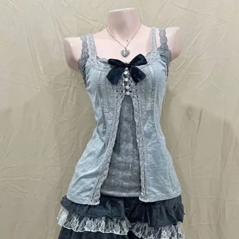 

Camisole Original Style Vest Bow Lace Patchwork Japanese Y2k Soft Girl Sweet 2025 Short Skirt Retro Three Piece Sets dsffd12