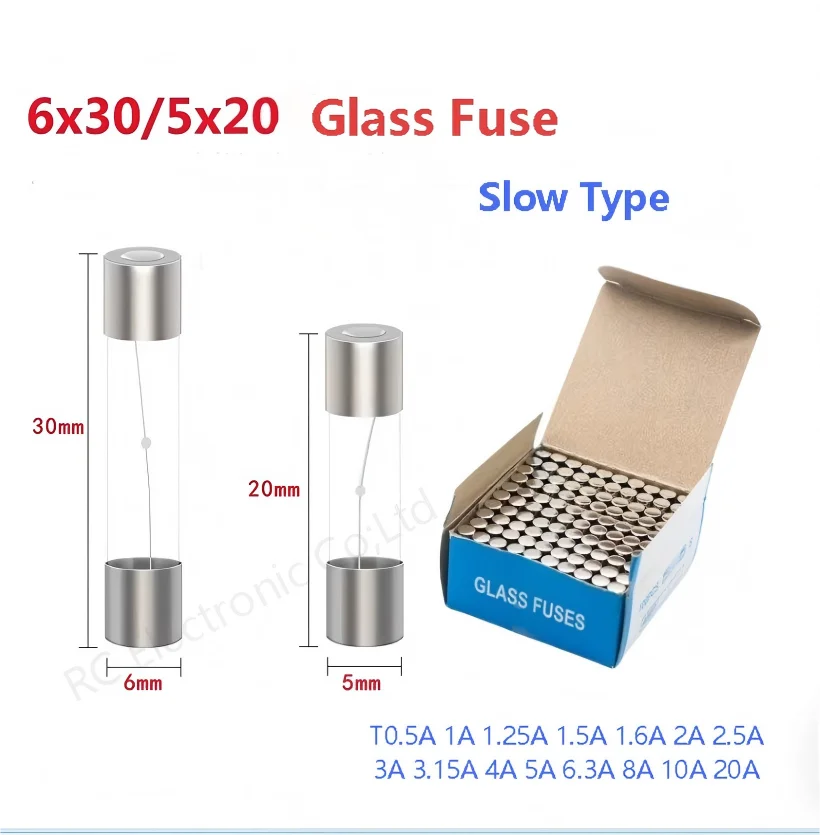 100pcs Slow Blow Glass Tube Fuse T0.5A 1A 1.25A 1.5A 1.6A 2A 2.5A 3A 3.15A 4A  20A 250V 5*20mm 6*30mm Voltage Protection