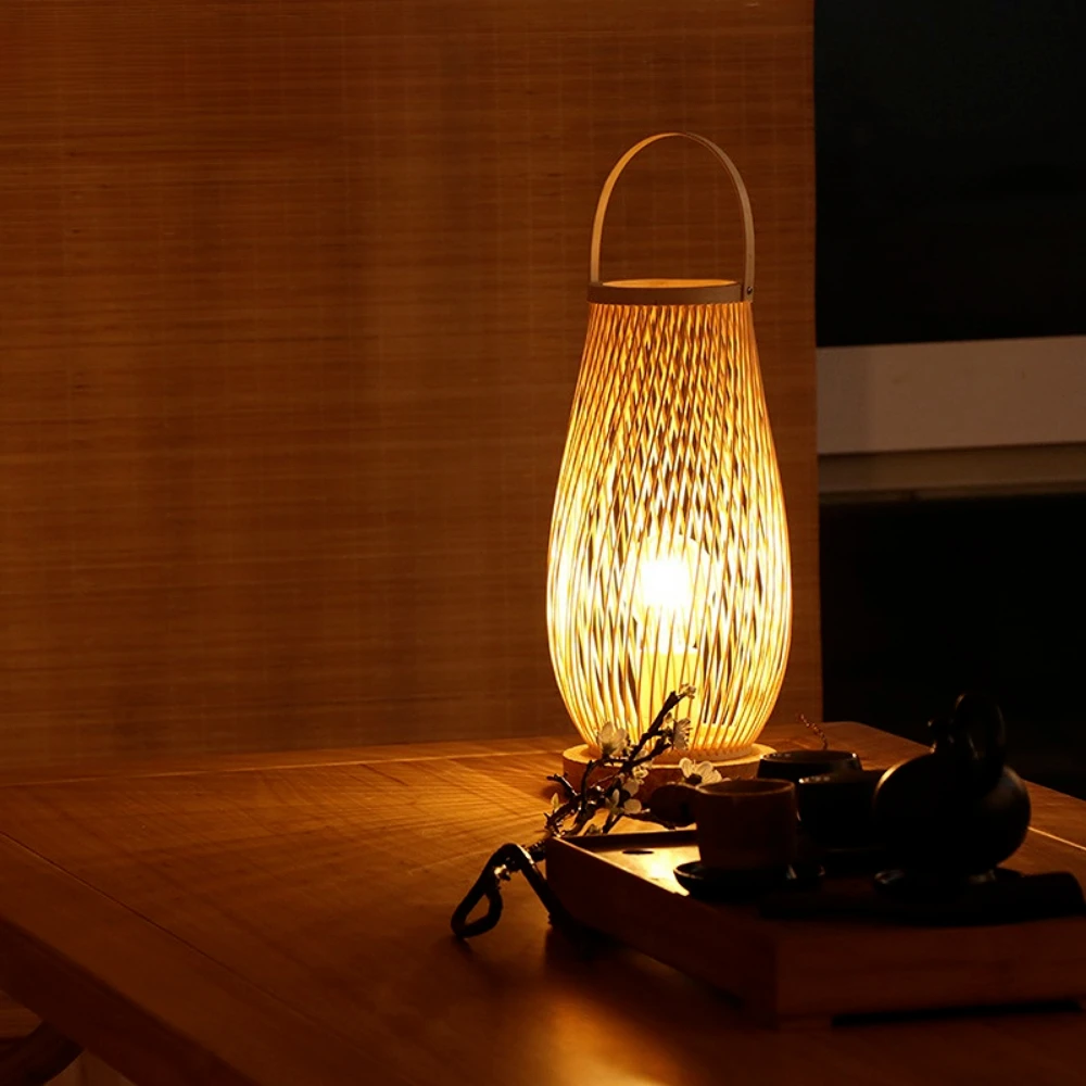 Lampu meja kayu bambu Vintage, dekorasi ruang tamu lampu samping tempat tidur, lampu meja buatan tangan