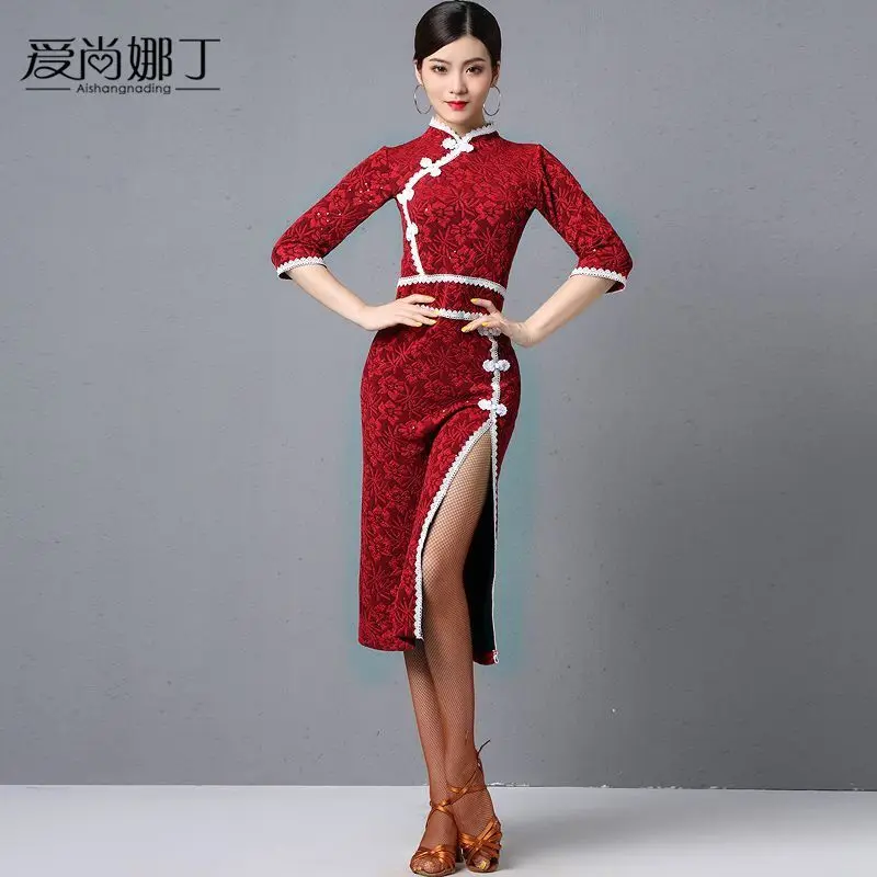 Chinese Style Cheongsam Latin Dance Performance Costume Set New Woman Modern Waltz Dance Dress Ballroom Dance Skirt