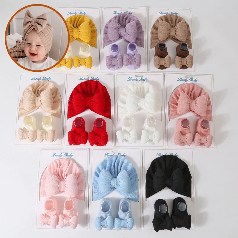 

Adorable Baby Knit Filled Cotton Large Bow + Knit Socks Set Newborn Hat Indian-Style Solid Color Children's Woolen Hat Headband