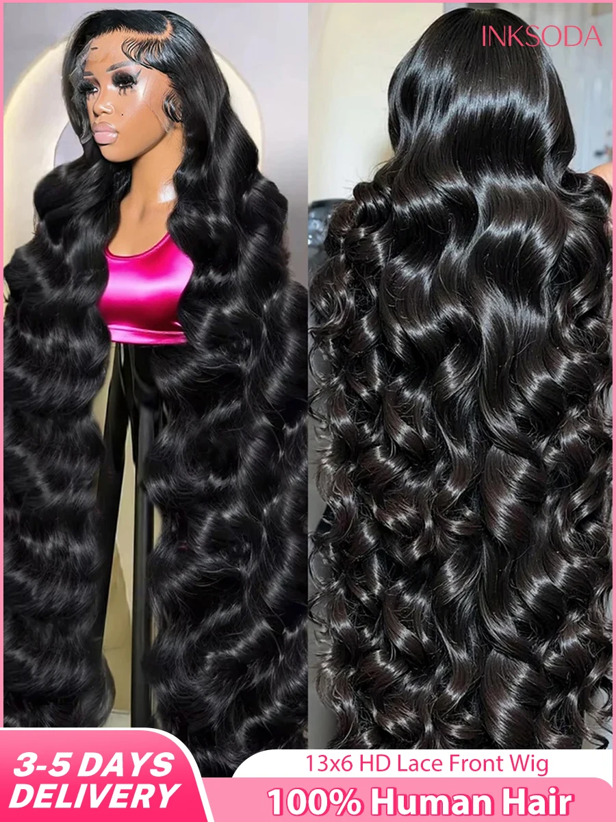 

13x4 Body Wave Human Hair Frontal Wig 13x6 HD Water Wave Lace Front Wig 40 30 Inch Pre Plucked Natural Black 100% Human Hair