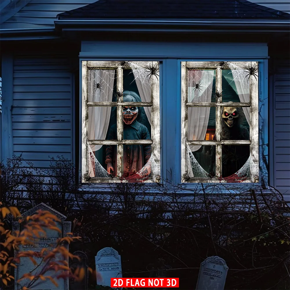 Angstaunliche Halloween-Fenster, ein erschreckendes Logo mit einem Totenkopf mit roten Augen/ein abscheulichem Grimasse-Muster und Flaggendekorationen