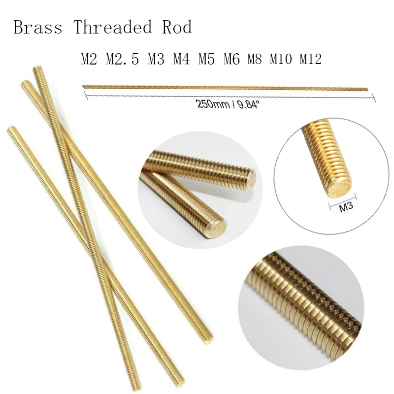 1PC Brass Thread Rod M2 M2.5 M3 M4 M5 M6 M8 M10 M12*250MM Brass Metric Bolt Full Thread Shaft Rod Bar Stud