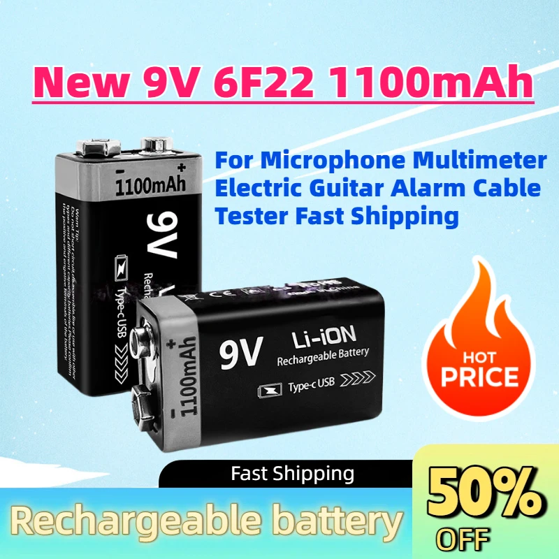 New 9V 6F22 1100mAh USB‑C Rechargeable Li-ion Battery for Microphone Multimeter Electric Guitar Alarm Cable Tester Fast Shipping