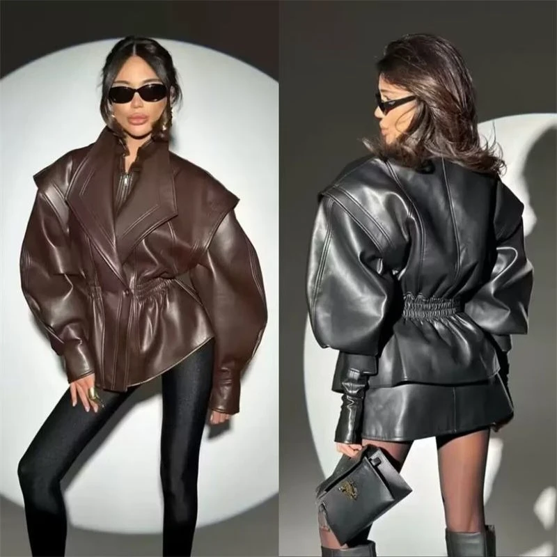 Women's Clothing Autumn and Winter New Fashion Blogger with The Same Washed Old Style Imitation Leather Fake Two-piece Coat